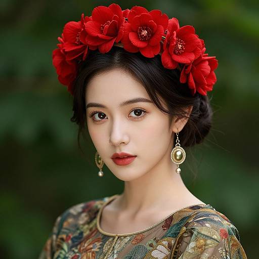 Photograph of an East Asian woman with pale skin, dark hair, red flower crown, red lipstick, and gold earrings, wearing a detailed floral-pattern
