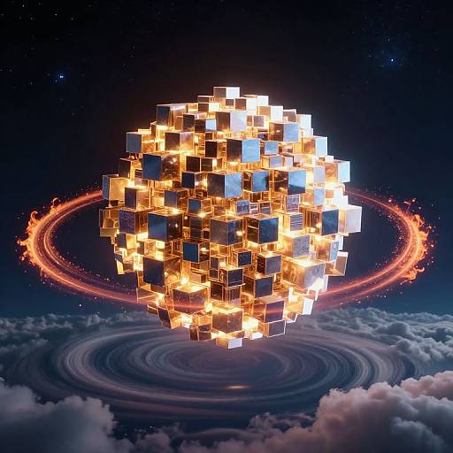 Glowing Cube Structure Around Planet