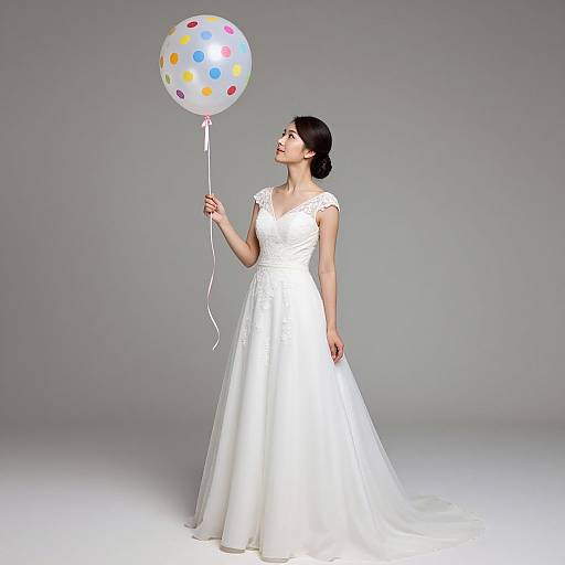 Photograph of an Asian woman in a white, short-sleeved, full-skirt wedding dress, holding a polka-dotted balloon, g