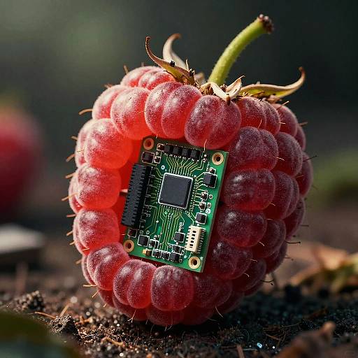 Photograph of a vibrant red raspberry with a green microchip embedded in its center, surrounded by dewy, textured fruit. Background is blurred dark soil