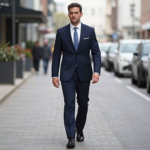 Photograph of a handsome, dark-haired man in a black suit, white shirt, and blue tie walking confidently on a city street.