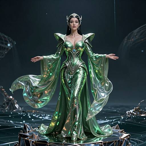 CGI image of a regal woman in a shimmering, green, metallic gown with flowing sleeves, standing on a dark, reflective stage.