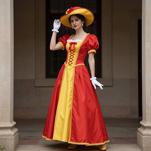 Photograph of a woman in a red and yellow Renaissance-style dress with puffed sleeves, white gloves, and a yellow hat, standing in a stone