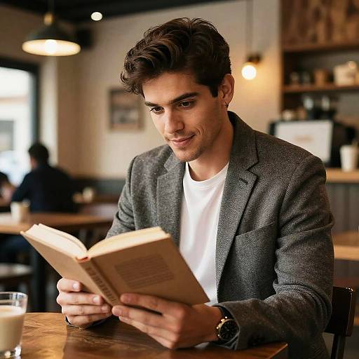 Photograph of a young man with dark, wavy hair, wearing a gray blazer and white tee, reading a book in a cozy café.
