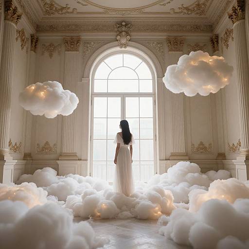 Photograph of a woman in a white gown standing in an opulent, columned room with large arched window, surrounded by floating, illuminated clouds