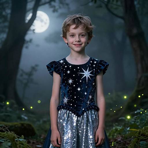 Photograph of a young girl with curly brown hair, wearing a black star-patterned top and silver sequined skirt, standing in a mystical forest with