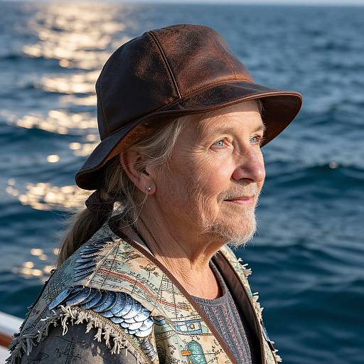 Photograph of an elderly man with gray beard, wearing a brown hat and fringed, patterned jacket, standing by the shimmering ocean.