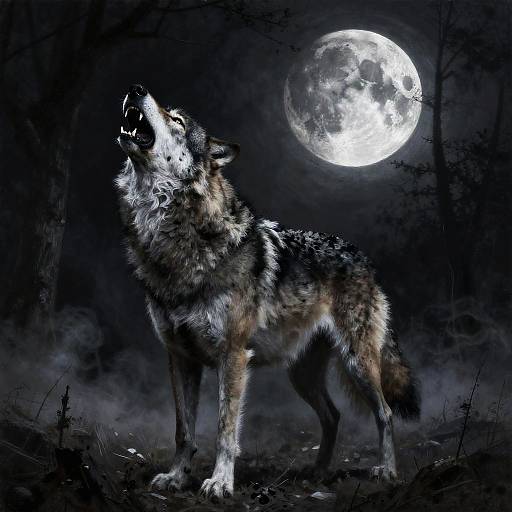 Charcoal Wolf Howling at Crescent Moon
