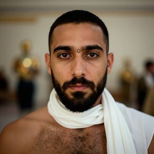 Photograph of a bearded South Asian man with a white tilak on his forehead, short black hair, white dhoti, chest hair,