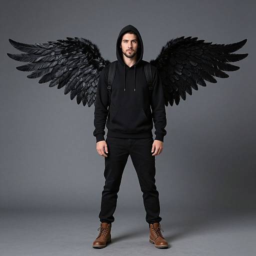Man with Black Feathered Wings Costume