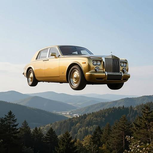 Gold-colored vintage Rolls-Royce flying above a mountainous forest landscape with clear blue sky and distant hills in the background. Photorealistic digital illustration