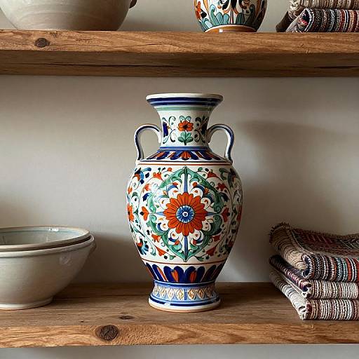 Photograph of a decorative, floral-patterned ceramic vase with blue and orange flowers, on wooden shelves with bowls and folded textiles.