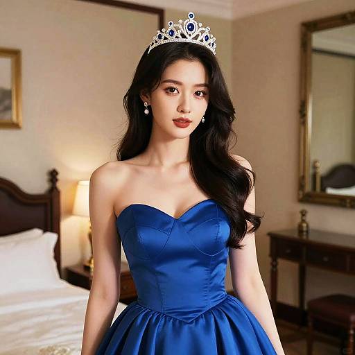Elegant Woman in Blue Dress and Crown