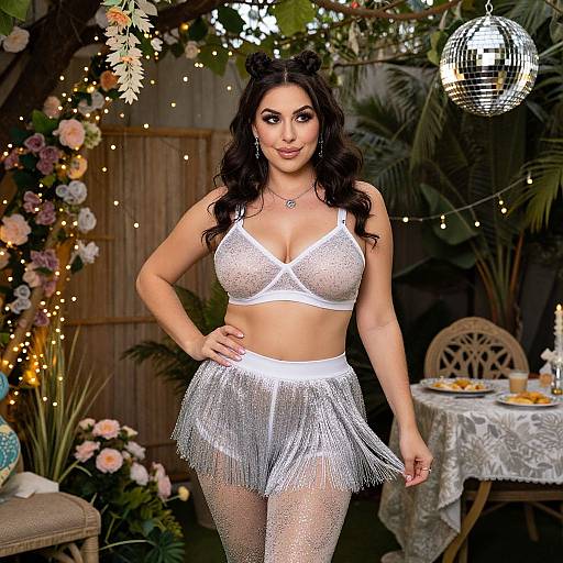 Photograph of a curvy woman with long black hair, wearing a sparkly white bra and fringe skirt, standing in a whimsical garden with fairy