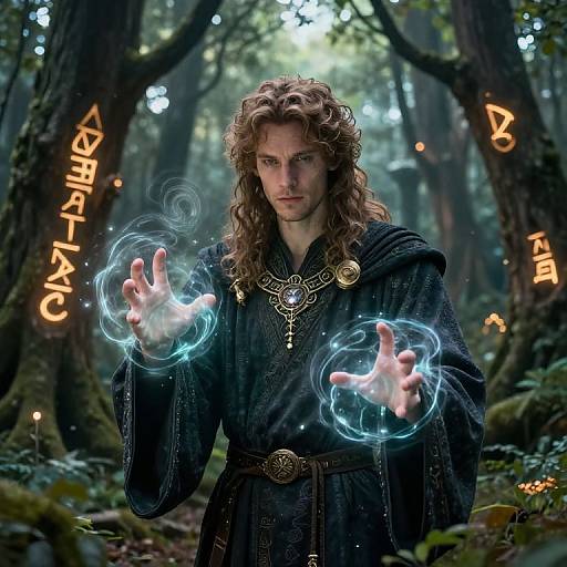 Photorealistic fantasy image of a long-haired, brooding man in a dark robe, casting glowing blue magic spells in a mystical forest, with glowing