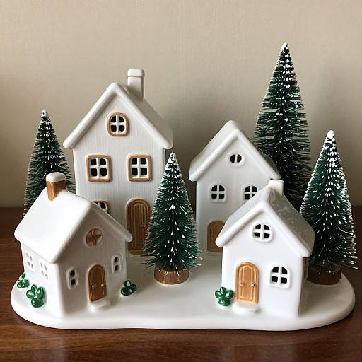 Photograph of a white ceramic Christmas village with four houses, three pine trees, and small green clovers, on a wooden surface.