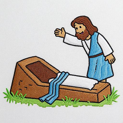 Colorful cartoon of bearded Jesus in white and blue robe, standing beside an open wooden tomb with a blue cloth.