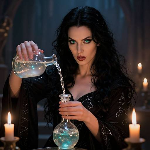 Photograph-style digital art of a pale-skinned, dark-haired woman with glowing green eyes, pouring water from a glass bottle into a glass orb,