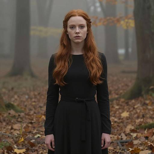 Young Woman in Black Dress in Foggy Autumn Forest