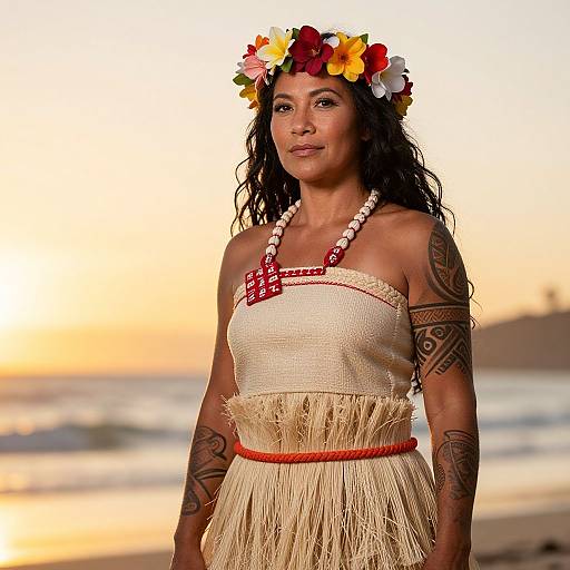 Photograph of a tattooed woman with long black hair wearing a floral headband, white strapless dress with fringe, and red necklace, standing on
