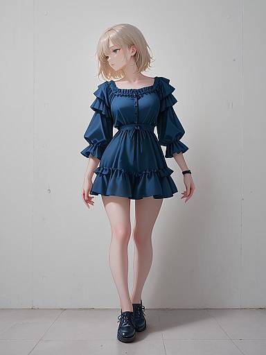 Digital anime-style drawing of a blonde woman with short hair, wearing a navy blue, ruffled dress and black shoes, standing against a plain white wall