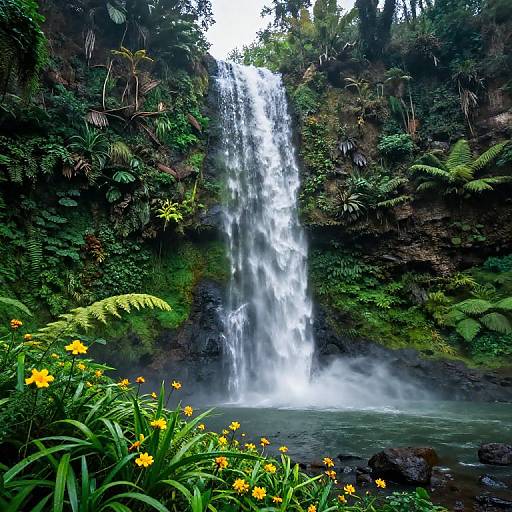 Tropical Waterfall Amid Lush Vegetation