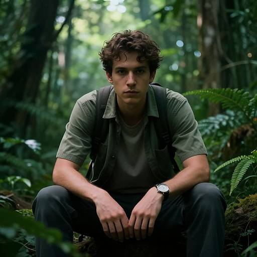 Photograph of a serious young man with curly brown hair, wearing a green shirt, black pants, and a watch, sitting in a dense, sun