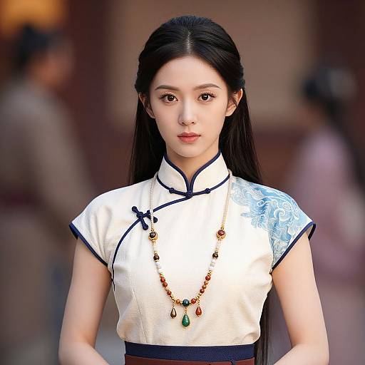 Photograph of a young East Asian woman with long black hair, wearing a white traditional Chinese dress with blue lace and beaded necklace, standing in a
