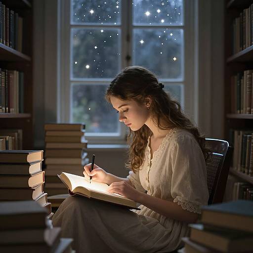 Photograph of a young woman with long brown hair, wearing a white lace dress, reading by candlelight in a library, surrounded by stacked books,