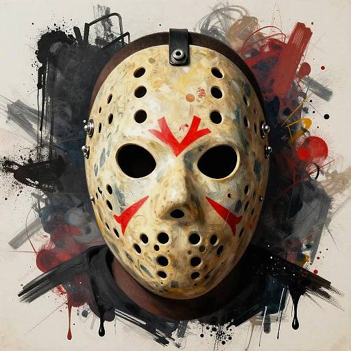 Digital artwork of a weathered, bloodstained Jason Voorhees mask with red 