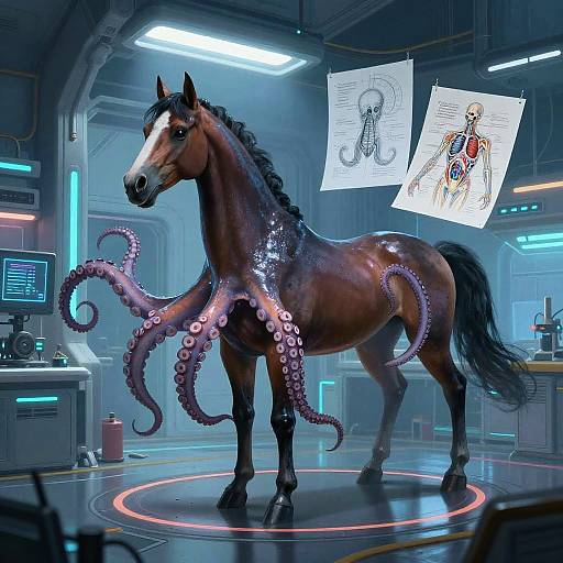 Digital artwork of a glossy, brown horse with purple octopus tentacles in a futuristic lab, illuminated by blue and white lights, with anatomical sketches