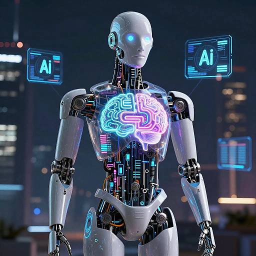 CGI image of a glowing, neon-blue and pink brain-emblazoned, humanoid robot with 