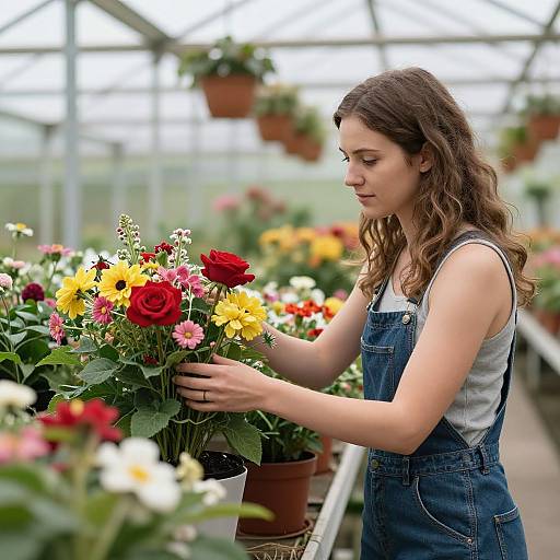 Young woman with wavy brown hair, wearing denim overalls and grey tank top, carefully selects colorful flowers in a greenhouse.