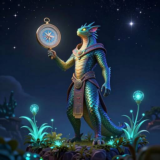 Radiant Scaled Figure on Glowing Isle