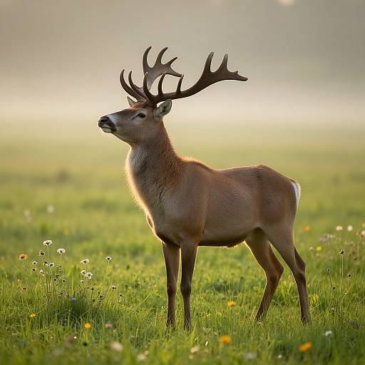 Photograph of a majestic male deer with large antlers standing in a sunlit, grassy field, surrounded by small wildflowers.