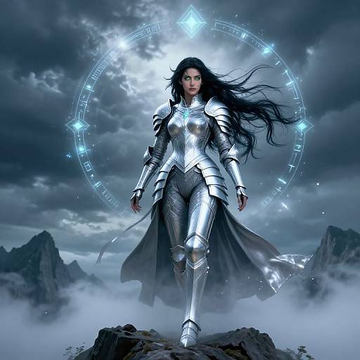 Photorealistic digital art of a powerful, armored woman with long black hair, glowing blue circle, standing on rocky terrain, surrounded by mist and clouds