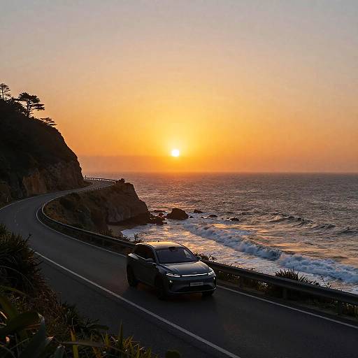 Photograph of a sleek silver car driving on a coastal road at sunset, with the sun setting over the ocean, waves crashing against the cliffs, and
