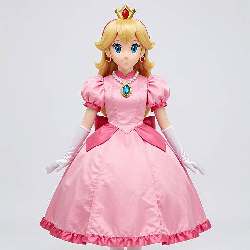 Digital illustration of Princess Peach from Mario series. She wears a pink satin dress, white gloves, gold crown with red and blue gems, and has blonde