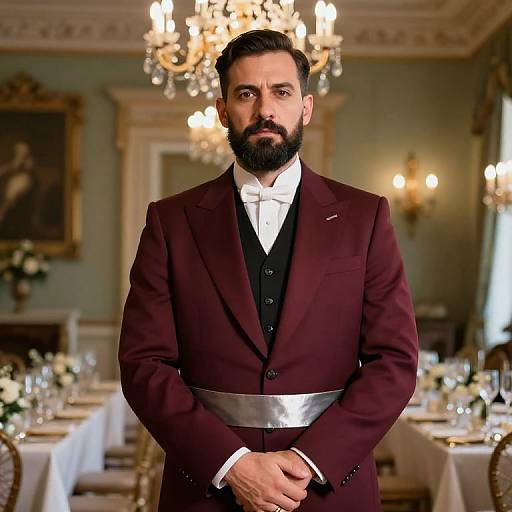 Photograph of a handsome bearded man with dark hair, wearing a maroon tuxedo with white bow tie and silver waistcoat, standing in