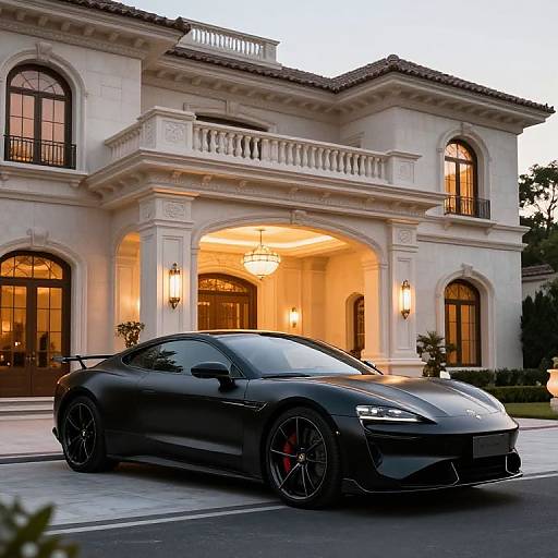 Photograph of a sleek, black sports car parked in front of a luxurious, white, Mediterranean-style mansion with arched windows and warm, yellow lighting