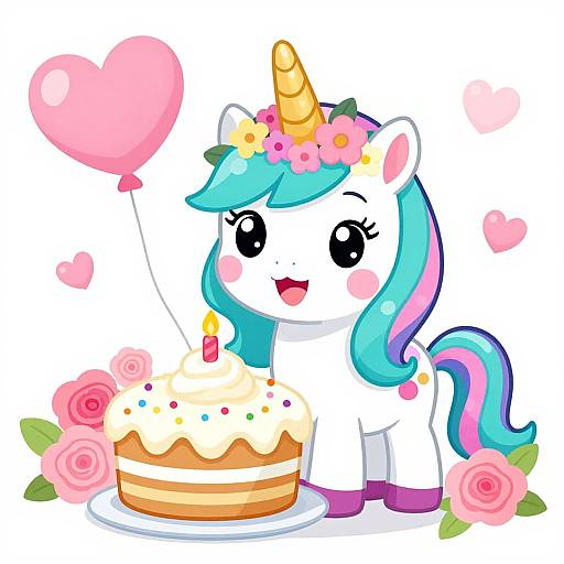 Cute digital drawing of a white unicorn with blue and pink mane, flower crown, holding pink balloon, beside birthday cake with candle, surrounded by pink
