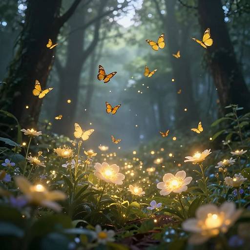 Magical forest scene with glowing fireflies and butterflies, illuminated by soft, ethereal fairy lights among blooming white flowers.