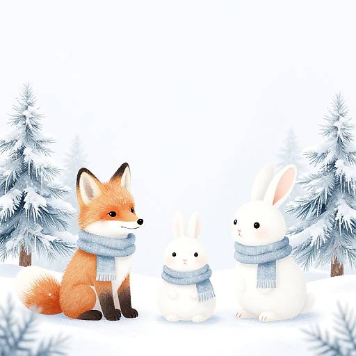 Digital illustration of a cute orange fox and two white snowmen with blue scarves, standing between snowy pine trees.