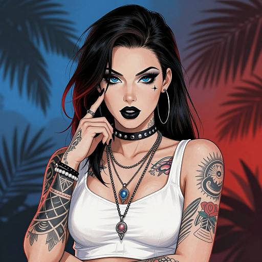 Digital artwork of a tattooed, black-haired woman with blue eyes, black lipstick, wearing a white tank top, choker, and jewelry, against