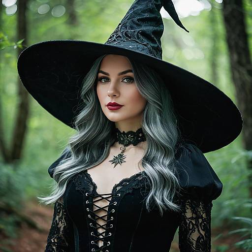 Woman in Black Witch Costume in Forest