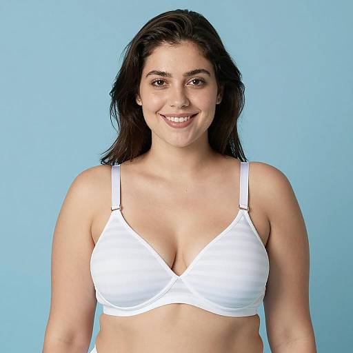Smiling Woman in White Striped Bra
