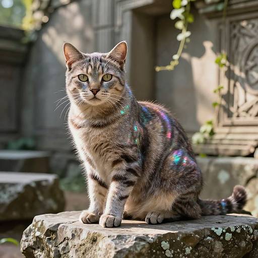 Photograph of a tabby cat with iridescent fur sitting on a moss-covered stone, surrounded by ancient, sunlit stone ruins.