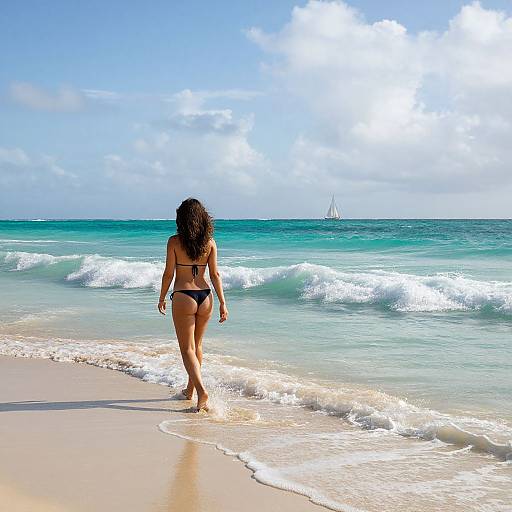 Woman Walking in Turquoise Waves