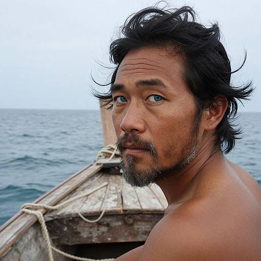 Photograph of a shirtless, middle-aged man with tousled black hair, blue eyes, and a beard, seated in a weathered wooden boat