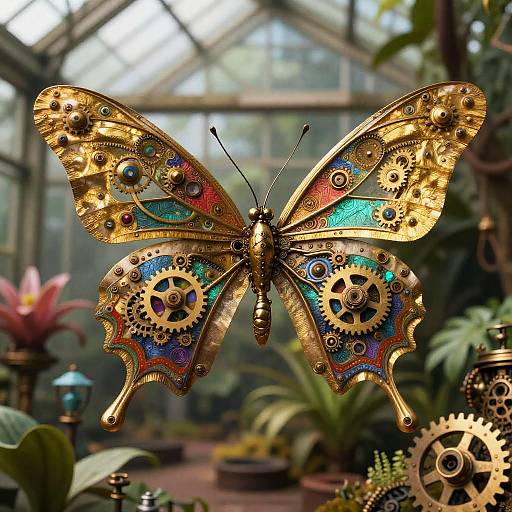 Steampunk Mechanical Butterfly in Greenhouse